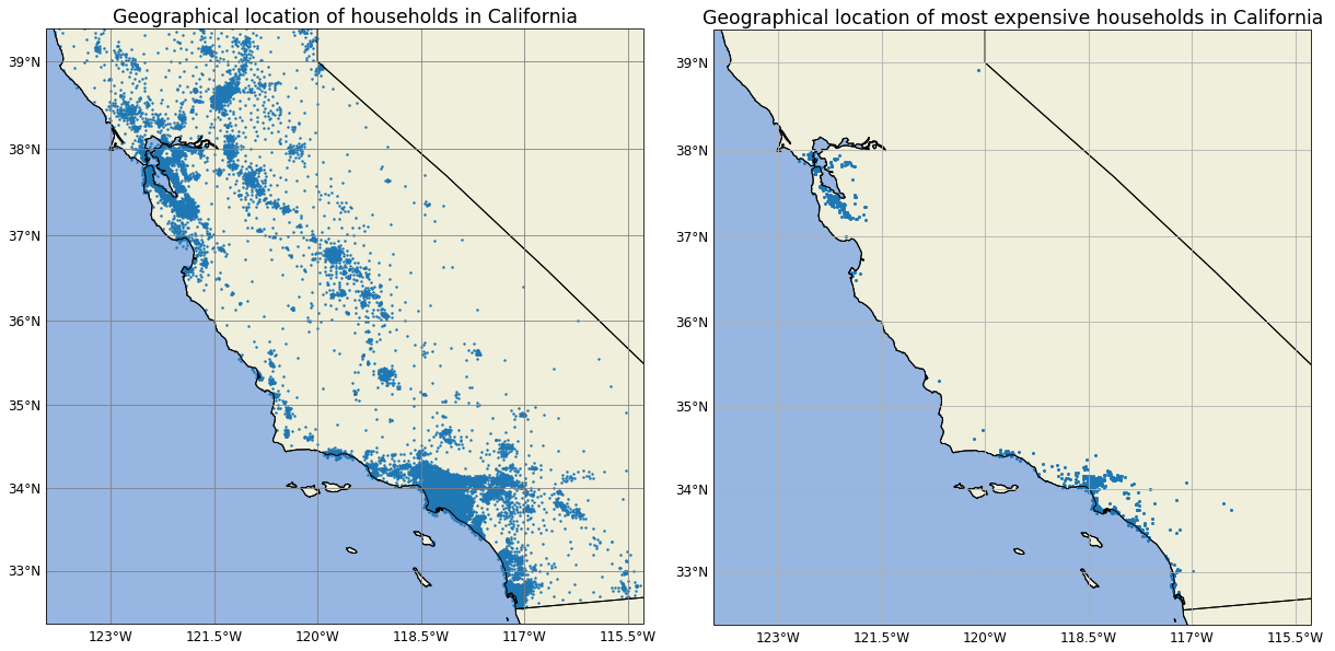 Map of all houses (left) and of houses worth more than $490.000