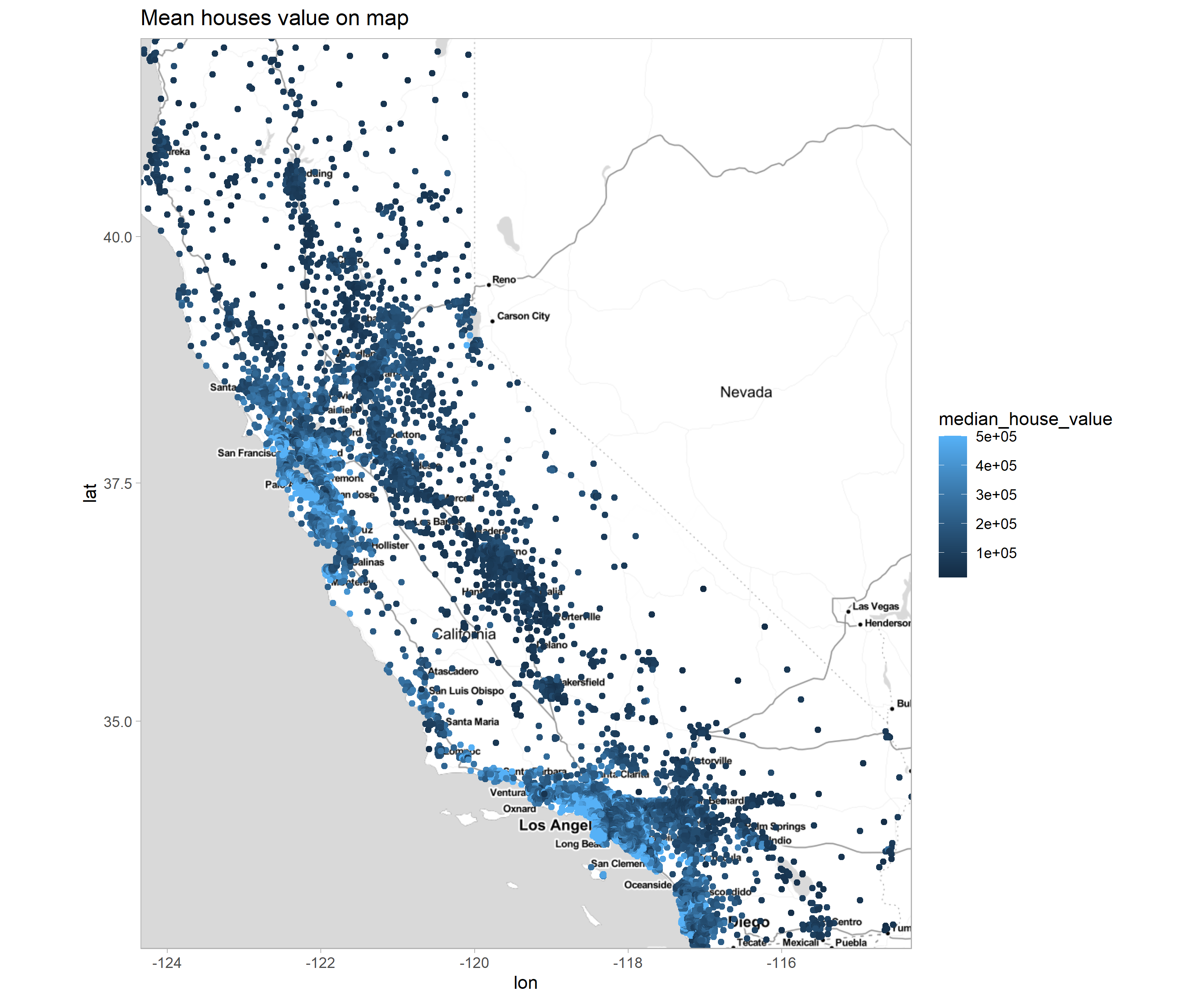 Map of property distribution within the state of California. The brightness of the points reflects the price.