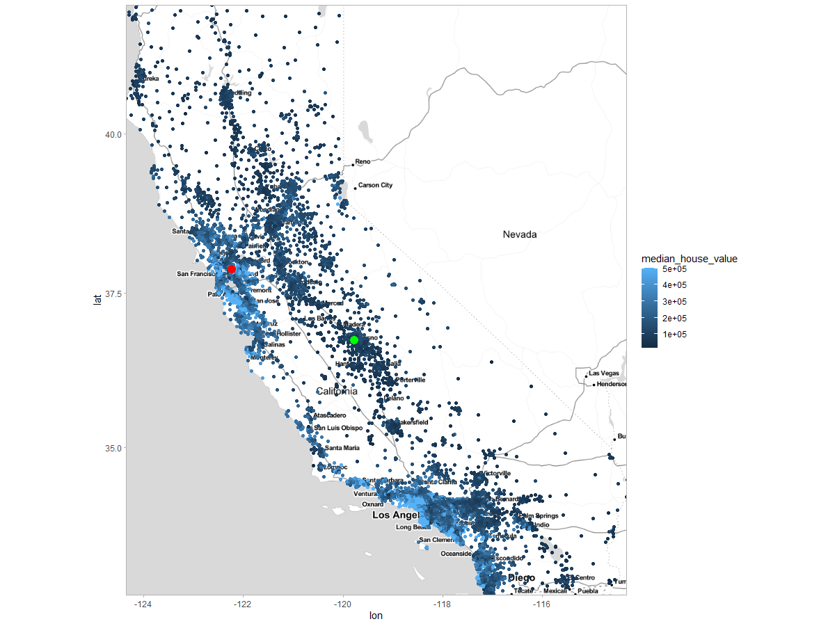 Choosen observations presented on a map. Red point - observation 1, green point - observation 2000