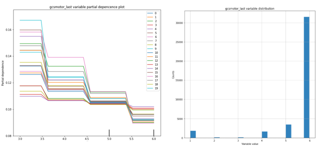 Figure 3: Partial dependende and histogram charts for gcsmotor_last variable .